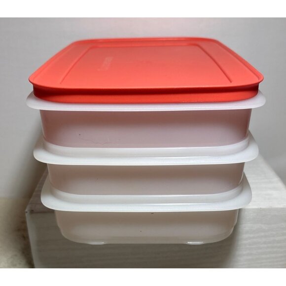 Tupperware Freezer Mate Stackables 3 Sheer Bottom Containers Peach Seal Lid - Picture 2 of 8